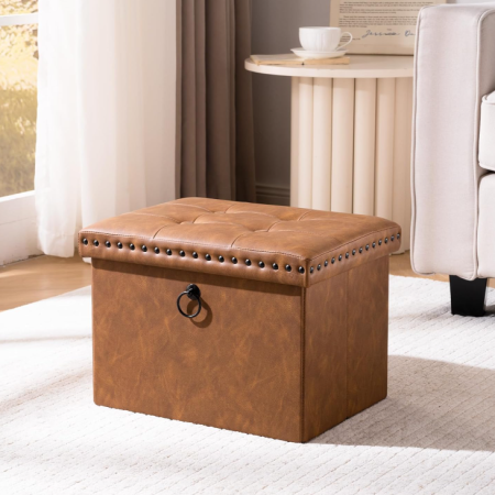 Foldable faux leather storage foot stool decorated with tufted buttons and rivets, multi-purpose ottoman bench for living room, bedroom and coffee side